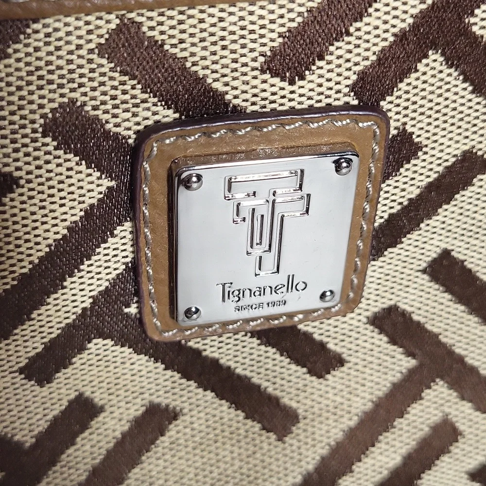 Tignanello Signature Canvas  Wristlet Wallet Pouch Zippered Pockets Leather Trim